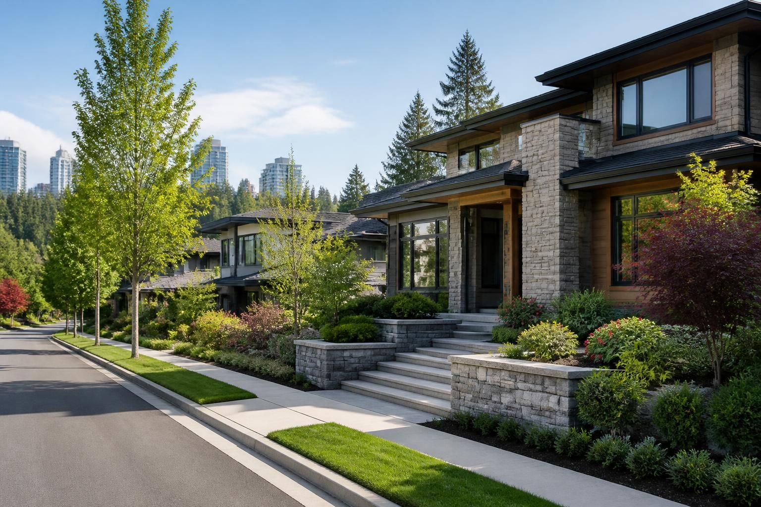 A bright Bellevue neighborhood with manicured greenery and modern homes.