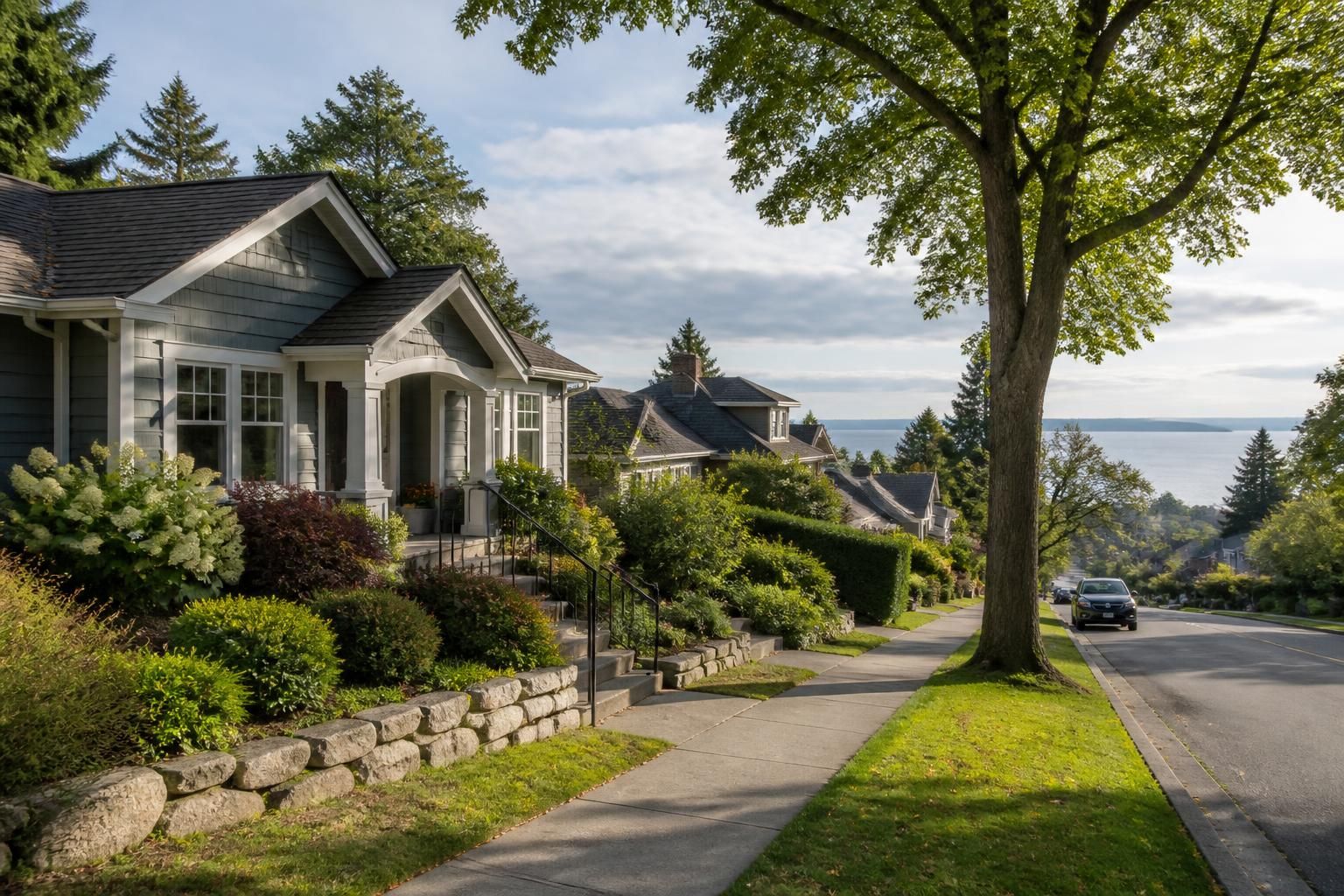 A tidy Burien neighborhood with homes, trees, and soft daylight.