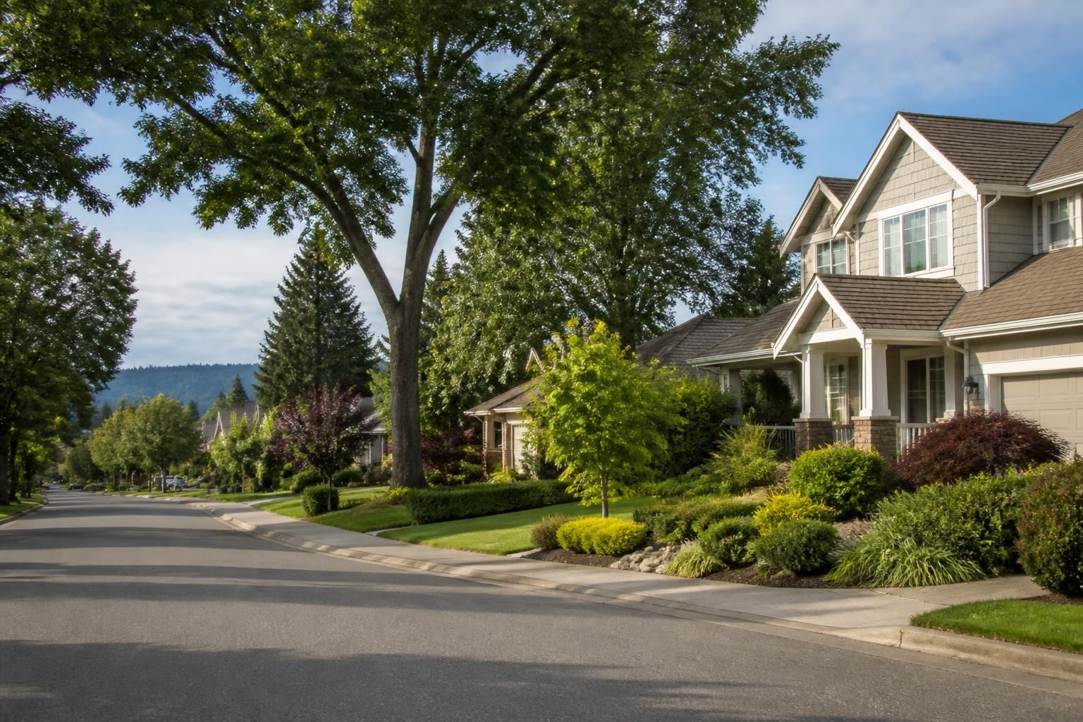 A peaceful Renton neighborhood with tidy homes and mature trees.