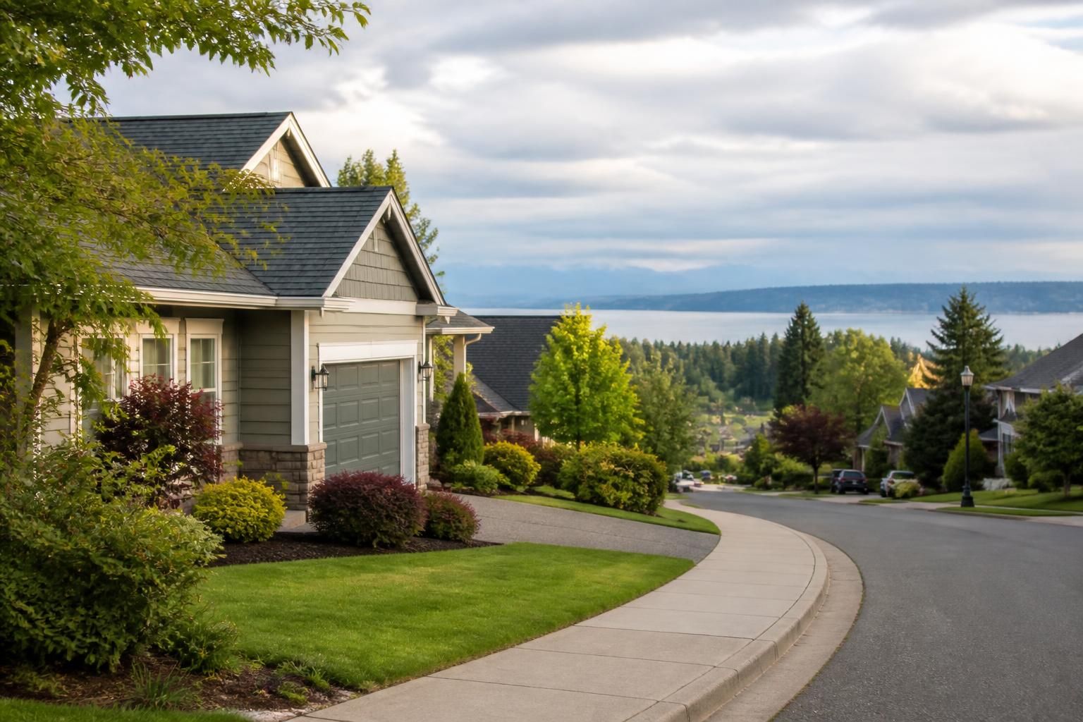 A quiet SeaTac street with well-kept homes and soft light.