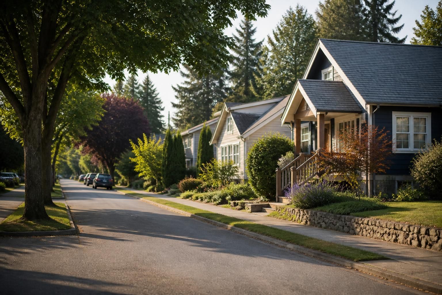 A tree-lined White Center residential street with well-kept homes.